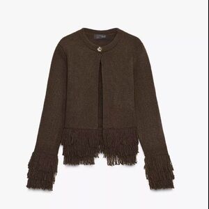 Zara Brown Fringed Knit Cardigan NWOT